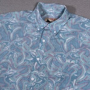 Huk Shirt Mens Large Blue All Over Print Swordfish Button Down Outdoor Fishing